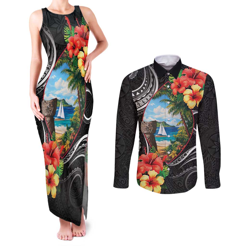 Hafa Adai Guam Couples Matching Tank Maxi Dress and Long Sleeve Button Shirt Guahan Seal Chamorro Stones Tribal LT9 Black - Polynesian Pride