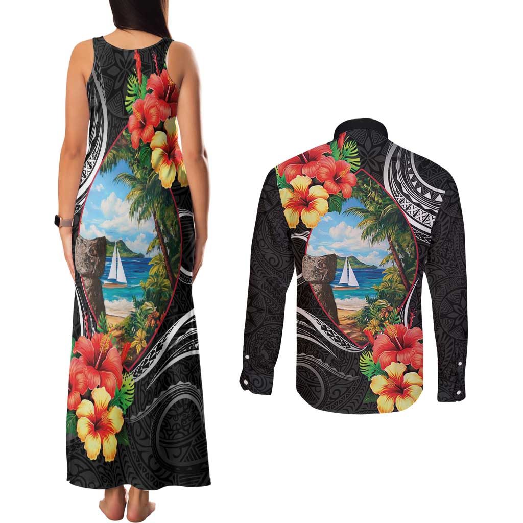 Hafa Adai Guam Couples Matching Tank Maxi Dress and Long Sleeve Button Shirt Guahan Seal Chamorro Stones Tribal LT9 - Polynesian Pride