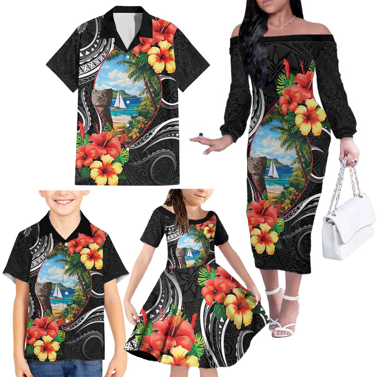 Hafa Adai Guam Family Matching Off The Shoulder Long Sleeve Dress and Hawaiian Shirt Guahan Seal Chamorro Stones Tribal LT9 - Polynesian Pride