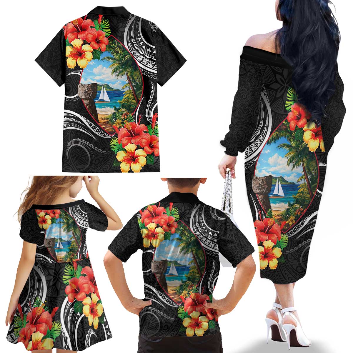 Hafa Adai Guam Family Matching Off The Shoulder Long Sleeve Dress and Hawaiian Shirt Guahan Seal Chamorro Stones Tribal LT9 - Polynesian Pride