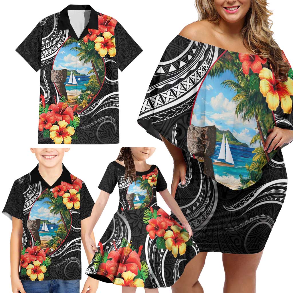 Hafa Adai Guam Family Matching Off Shoulder Short Dress and Hawaiian Shirt Guahan Seal Chamorro Stones Tribal LT9 - Polynesian Pride