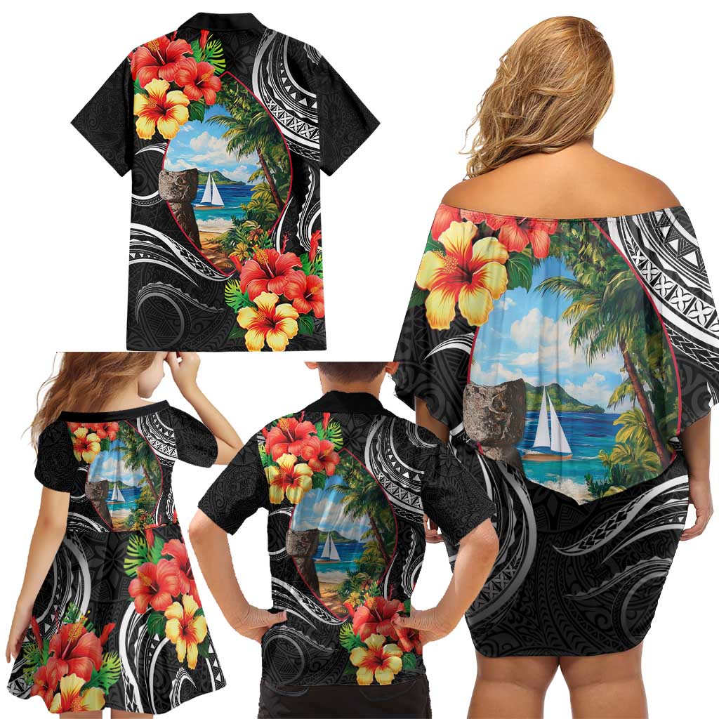Hafa Adai Guam Family Matching Off Shoulder Short Dress and Hawaiian Shirt Guahan Seal Chamorro Stones Tribal LT9 - Polynesian Pride