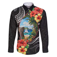 Hafa Adai Guam Family Matching Puletasi and Hawaiian Shirt Guahan Seal Chamorro Stones Tribal LT9 Dad's Shirt - Long Sleeve Black - Polynesian Pride