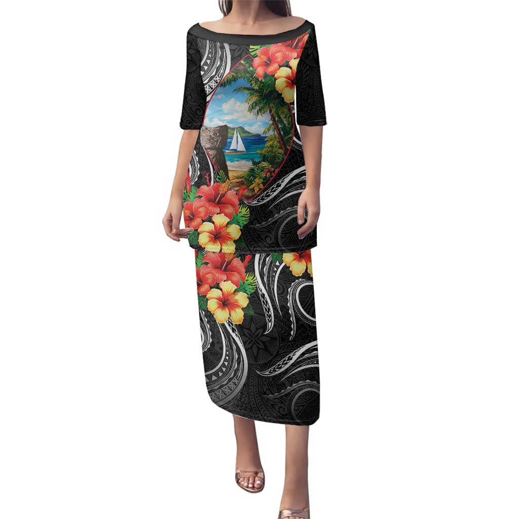 Hafa Adai Guam Family Matching Puletasi and Hawaiian Shirt Guahan Seal Chamorro Stones Tribal LT9 Mom's Dress Black - Polynesian Pride