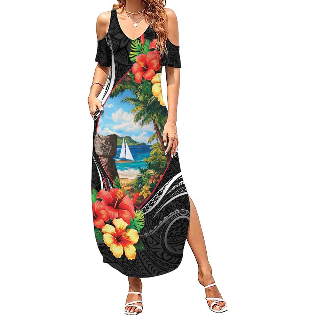 Hafa Adai Guam Family Matching Summer Maxi Dress and Hawaiian Shirt Guahan Seal Chamorro Stones Tribal LT9 Mom's Dress Black - Polynesian Pride