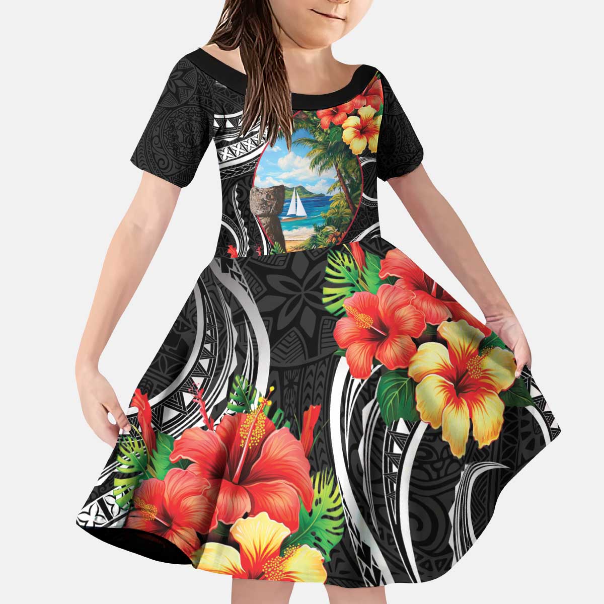 Hafa Adai Guam Kid Short Sleeve Dress Guahan Seal Chamorro Stones Tribal