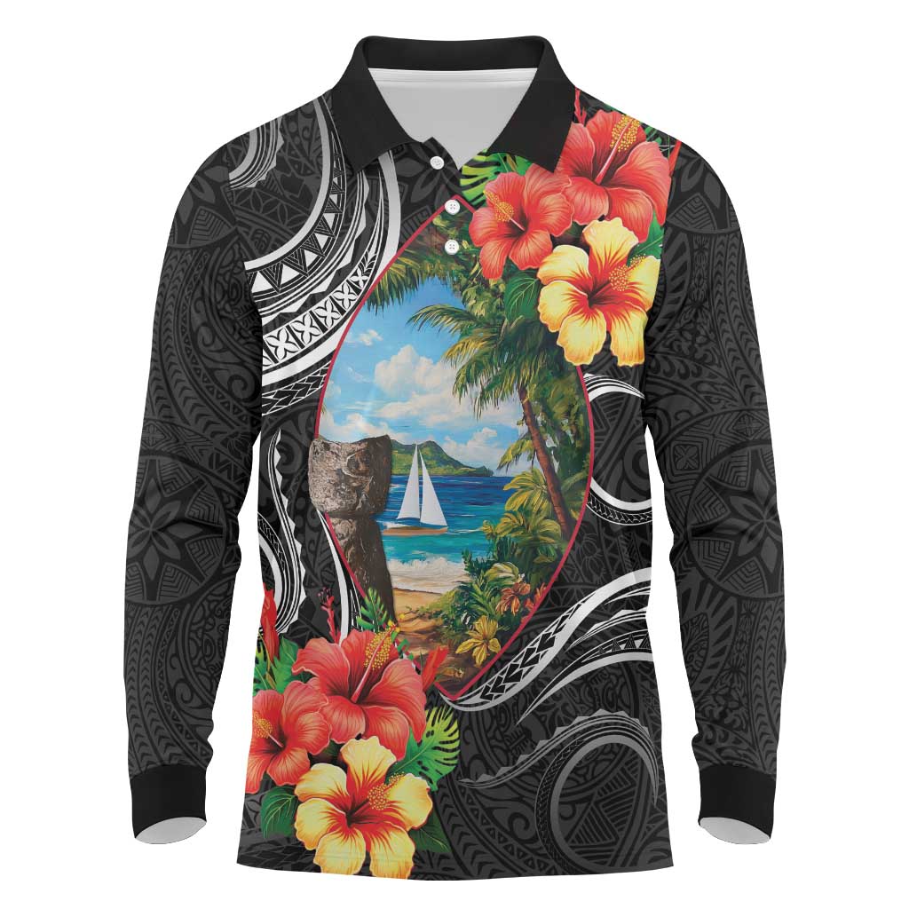 Hafa Adai Guam Long Sleeve Polo Shirt Guahan Seal Chamorro Stones Tribal LT9 Black - Polynesian Pride