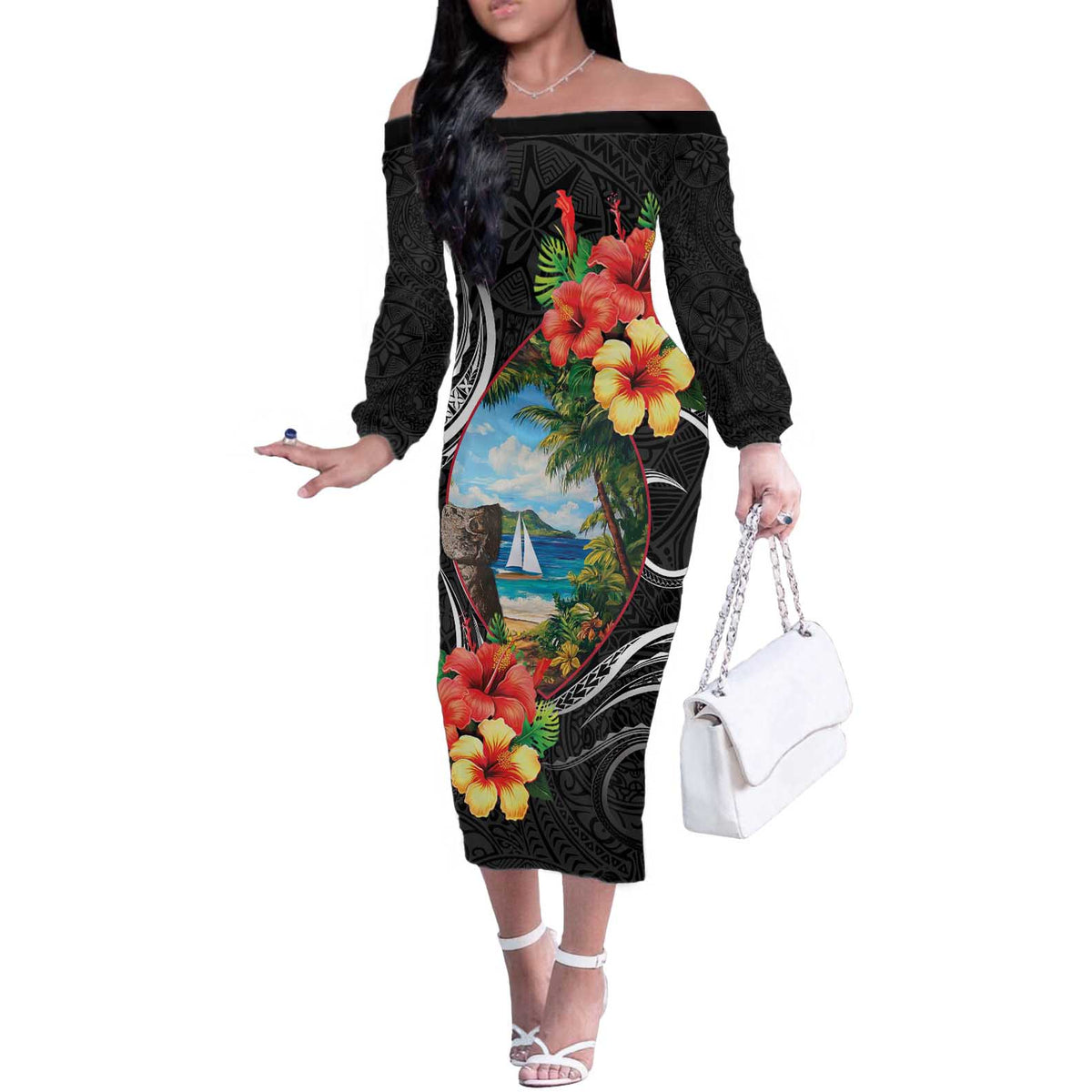 Hafa Adai Guam Off The Shoulder Long Sleeve Dress Guahan Seal Chamorro Stones Tribal LT9 Women Black - Polynesian Pride