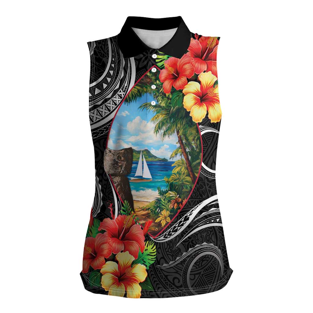Hafa Adai Guam Women Sleeveless Polo Shirt Guahan Seal Chamorro Stones Tribal LT9 Female Black - Polynesian Pride