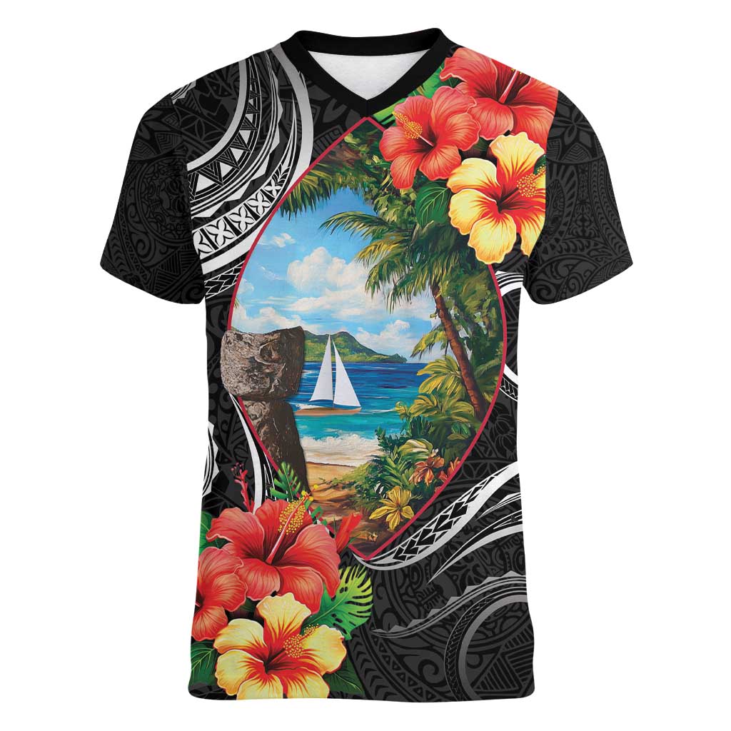 Hafa Adai Guam Women V-Neck T-Shirt Guahan Seal Chamorro Stones Tribal LT9 Female Black - Polynesian Pride