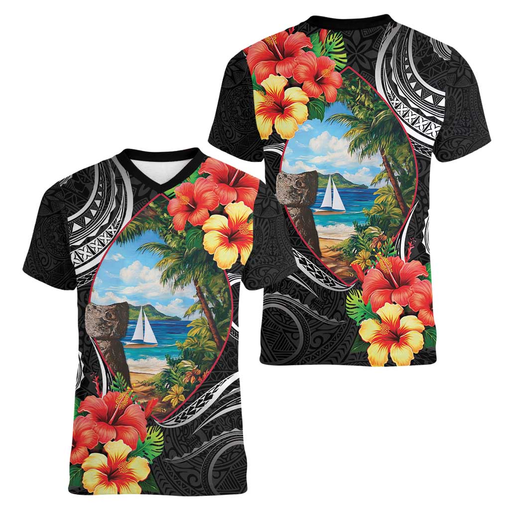 Hafa Adai Guam Women V-Neck T-Shirt Guahan Seal Chamorro Stones Tribal LT9 - Polynesian Pride