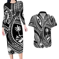 Hafa Adai Guam Inspired Tattoo Couples Matching Long Sleeve Bodycon Dress and Hawaiian Shirt LT9 Black - Polynesian Pride
