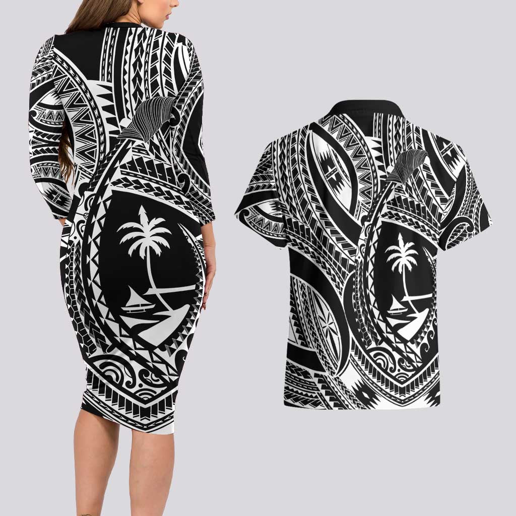 Hafa Adai Guam Inspired Tattoo Couples Matching Long Sleeve Bodycon Dress and Hawaiian Shirt LT9 - Polynesian Pride