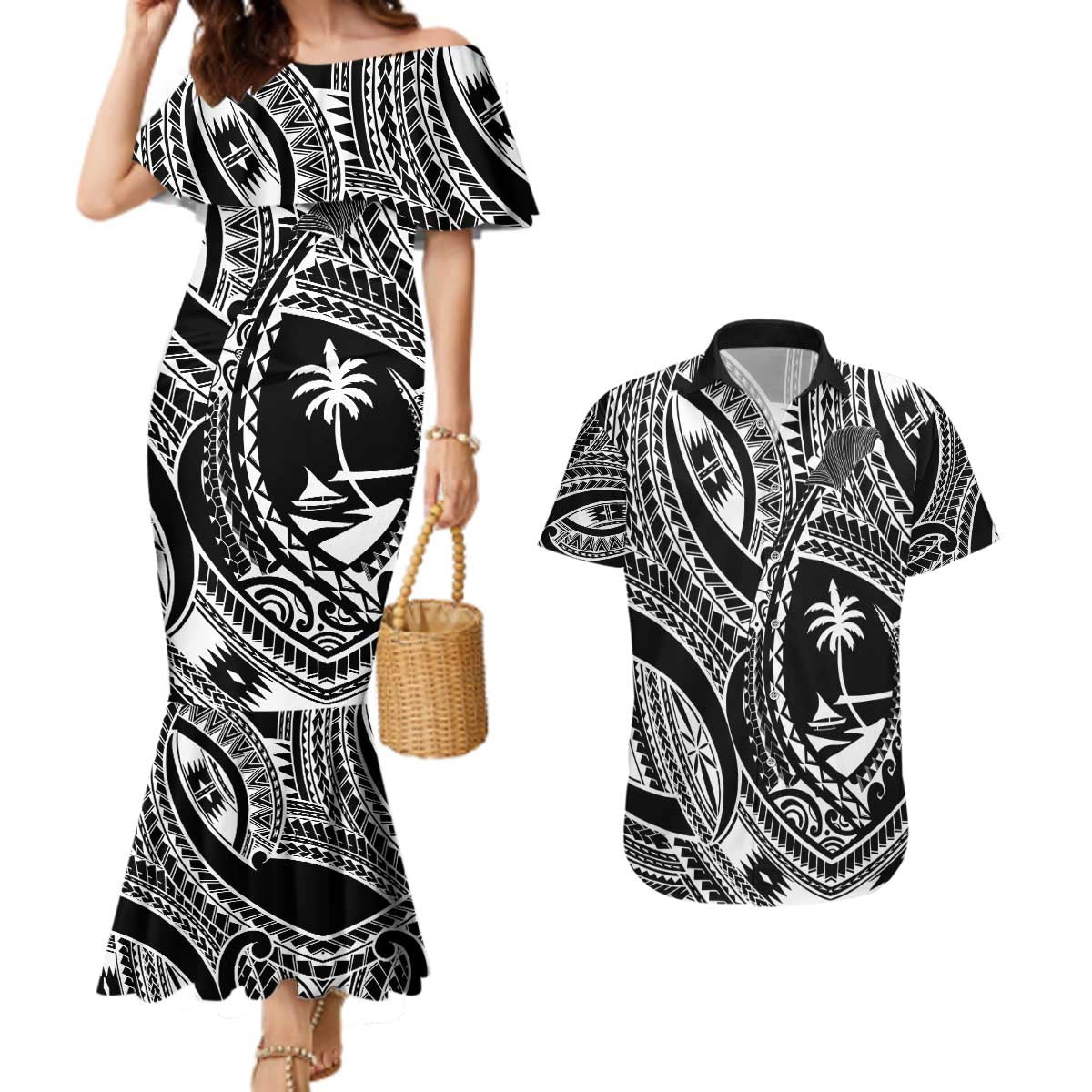 Hafa Adai Guam Inspired Tattoo Couples Matching Mermaid Dress and Hawaiian Shirt
