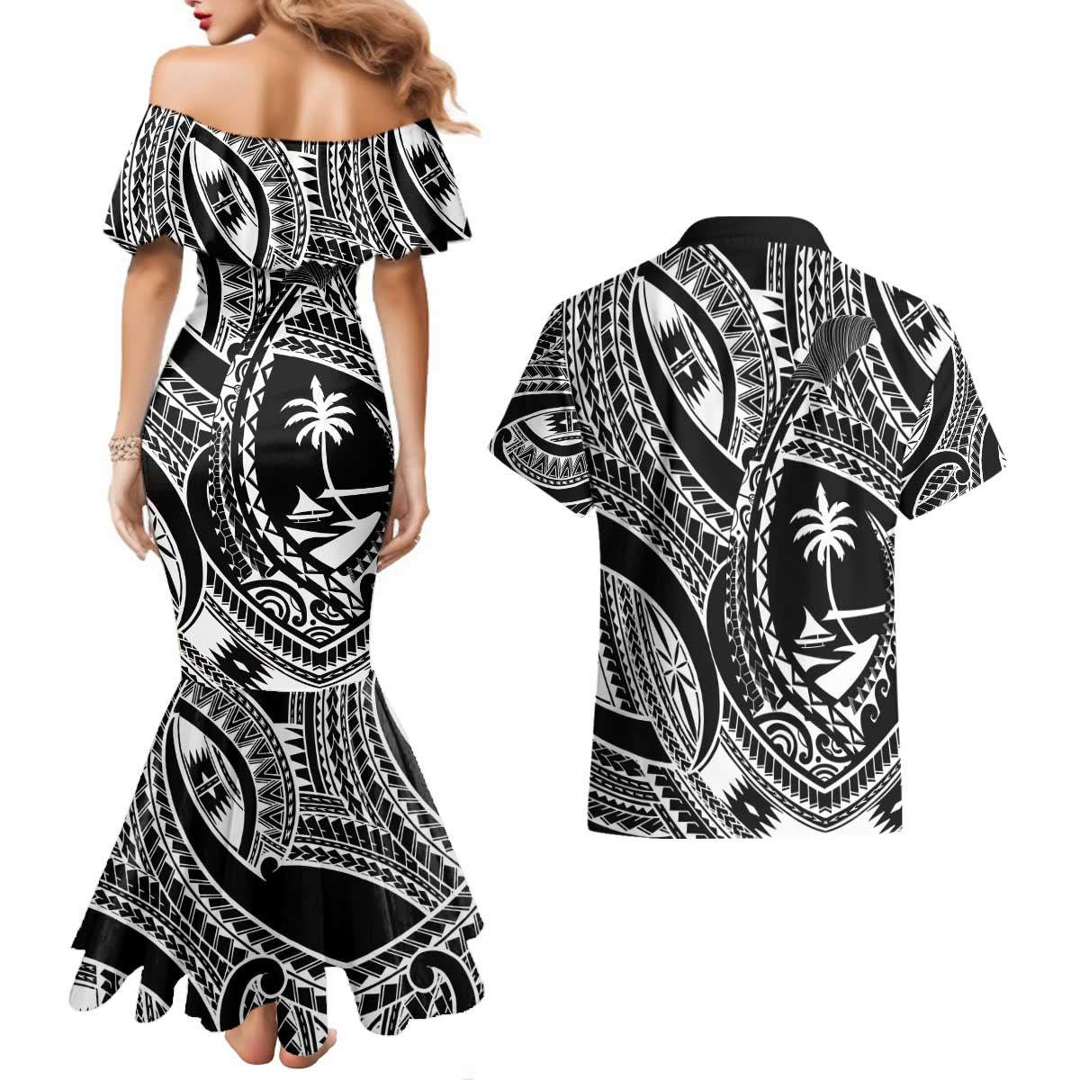 Hafa Adai Guam Inspired Tattoo Couples Matching Mermaid Dress and Hawaiian Shirt