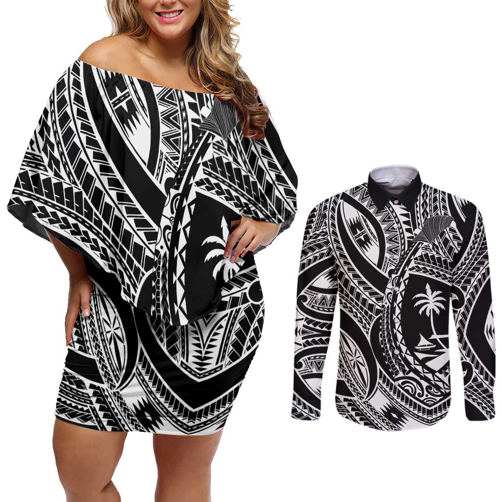 Hafa Adai Guam Inspired Tattoo Couples Matching Off Shoulder Short Dress and Long Sleeve Button Shirt