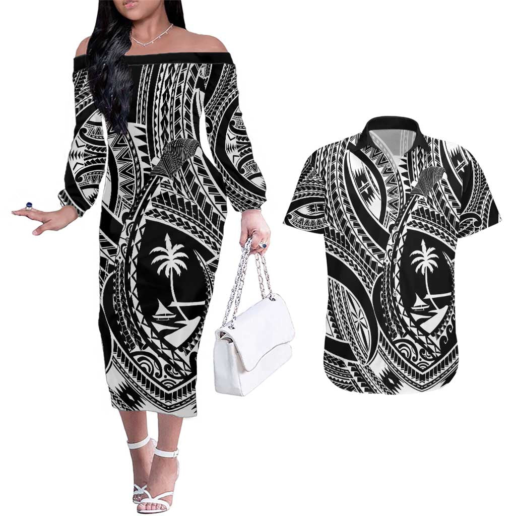 Hafa Adai Guam Inspired Tattoo Couples Matching Off The Shoulder Long Sleeve Dress and Hawaiian Shirt LT9 Black - Polynesian Pride