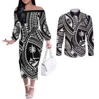 Hafa Adai Guam Inspired Tattoo Couples Matching Off The Shoulder Long Sleeve Dress and Long Sleeve Button Shirt LT9 Black - Polynesian Pride