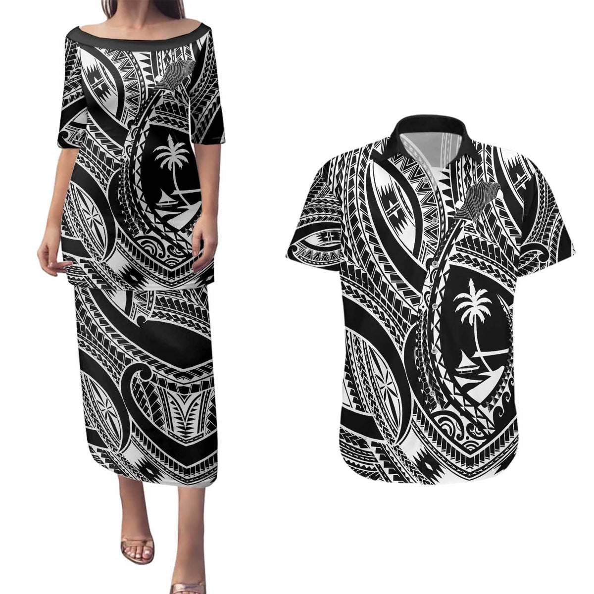 Hafa Adai Guam Inspired Tattoo Couples Matching Puletasi and Hawaiian Shirt