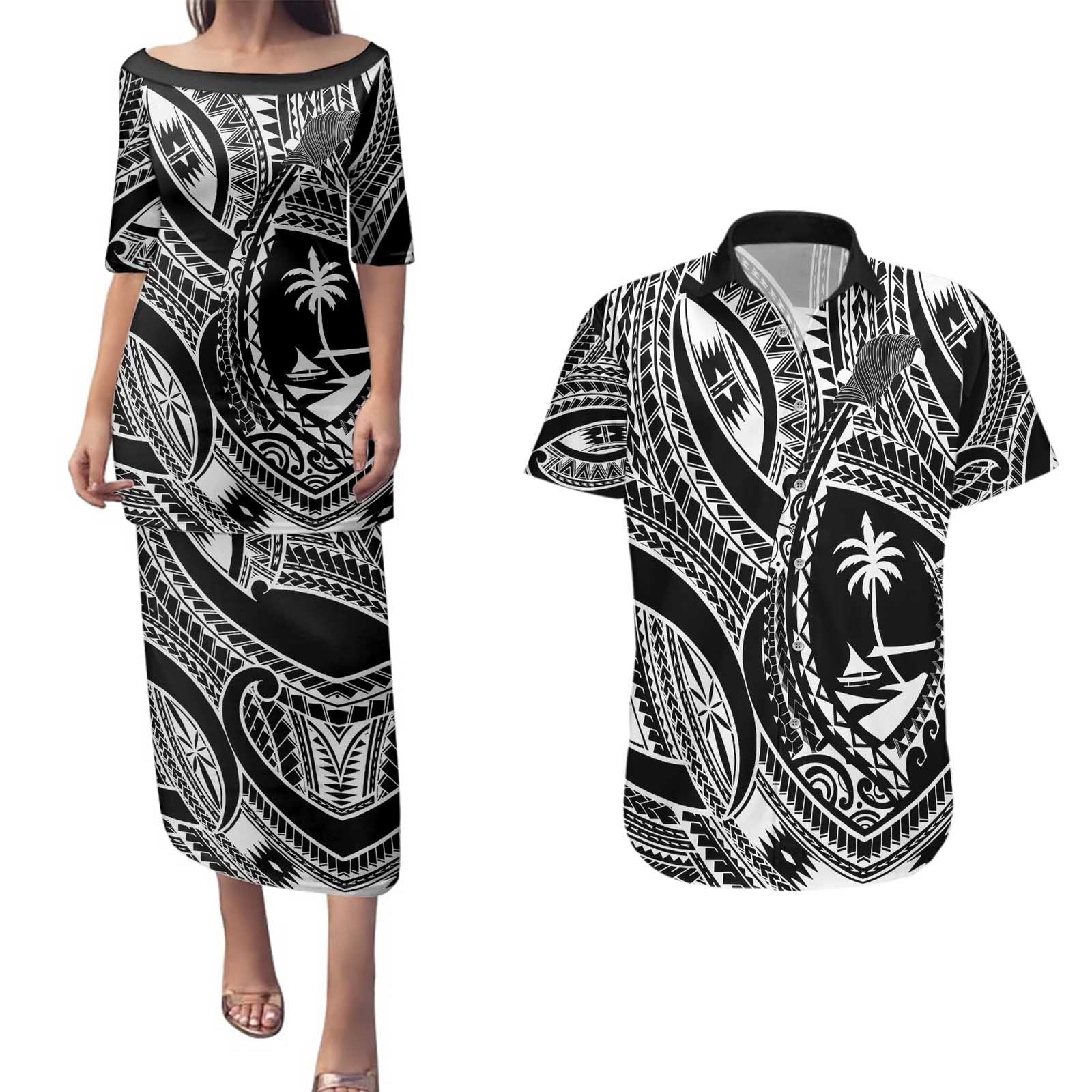 Hafa Adai Guam Inspired Tattoo Couples Matching Puletasi and Hawaiian Shirt