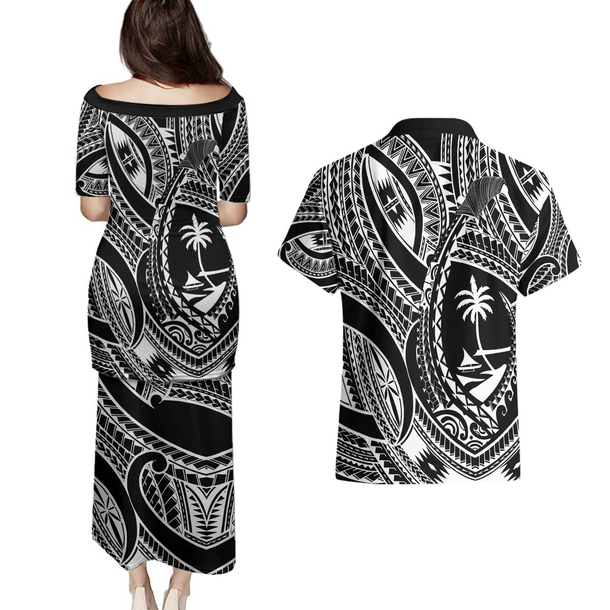 Hafa Adai Guam Inspired Tattoo Couples Matching Puletasi and Hawaiian Shirt