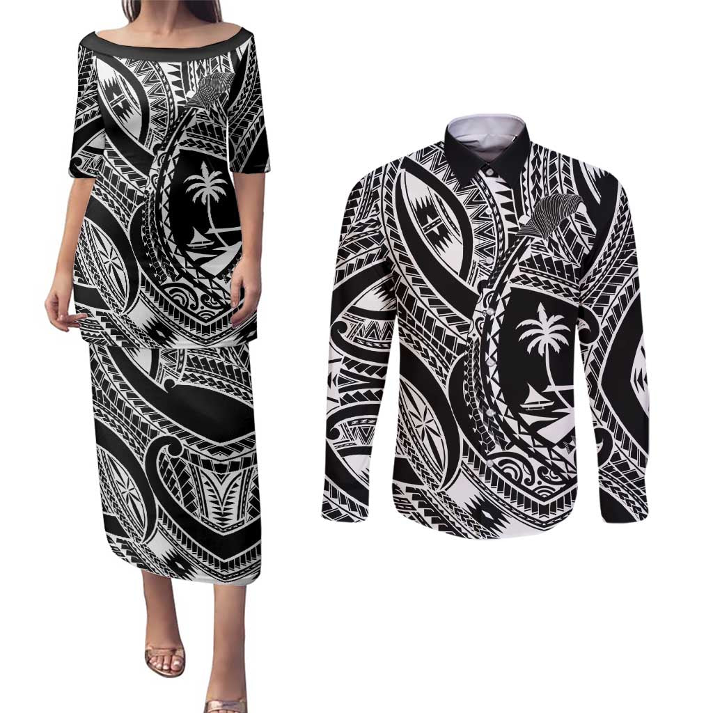 Hafa Adai Guam Inspired Tattoo Couples Matching Puletasi and Long Sleeve Button Shirt
