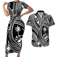 Hafa Adai Guam Inspired Tattoo Couples Matching Short Sleeve Bodycon Dress and Hawaiian Shirt LT9 Black - Polynesian Pride