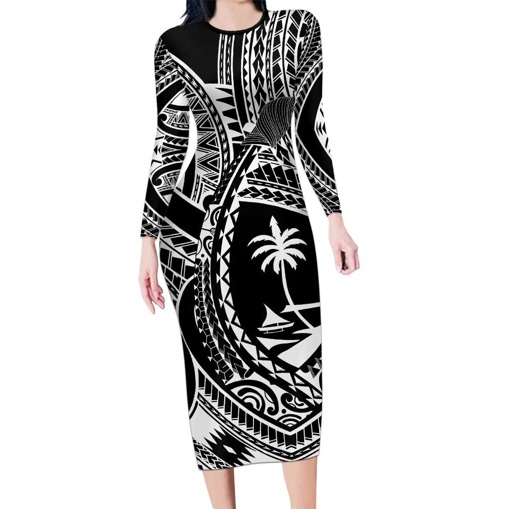 Hafa Adai Guam Inspired Tattoo Family Matching Long Sleeve Bodycon Dress and Hawaiian Shirt LT9 Mom's Dress Black - Polynesian Pride