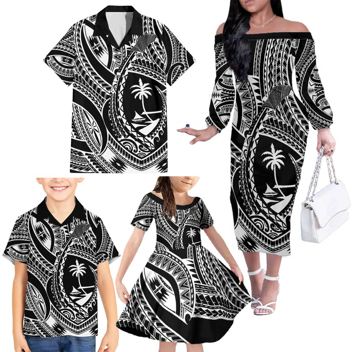 Hafa Adai Guam Inspired Tattoo Family Matching Off The Shoulder Long Sleeve Dress and Hawaiian Shirt LT9 - Polynesian Pride