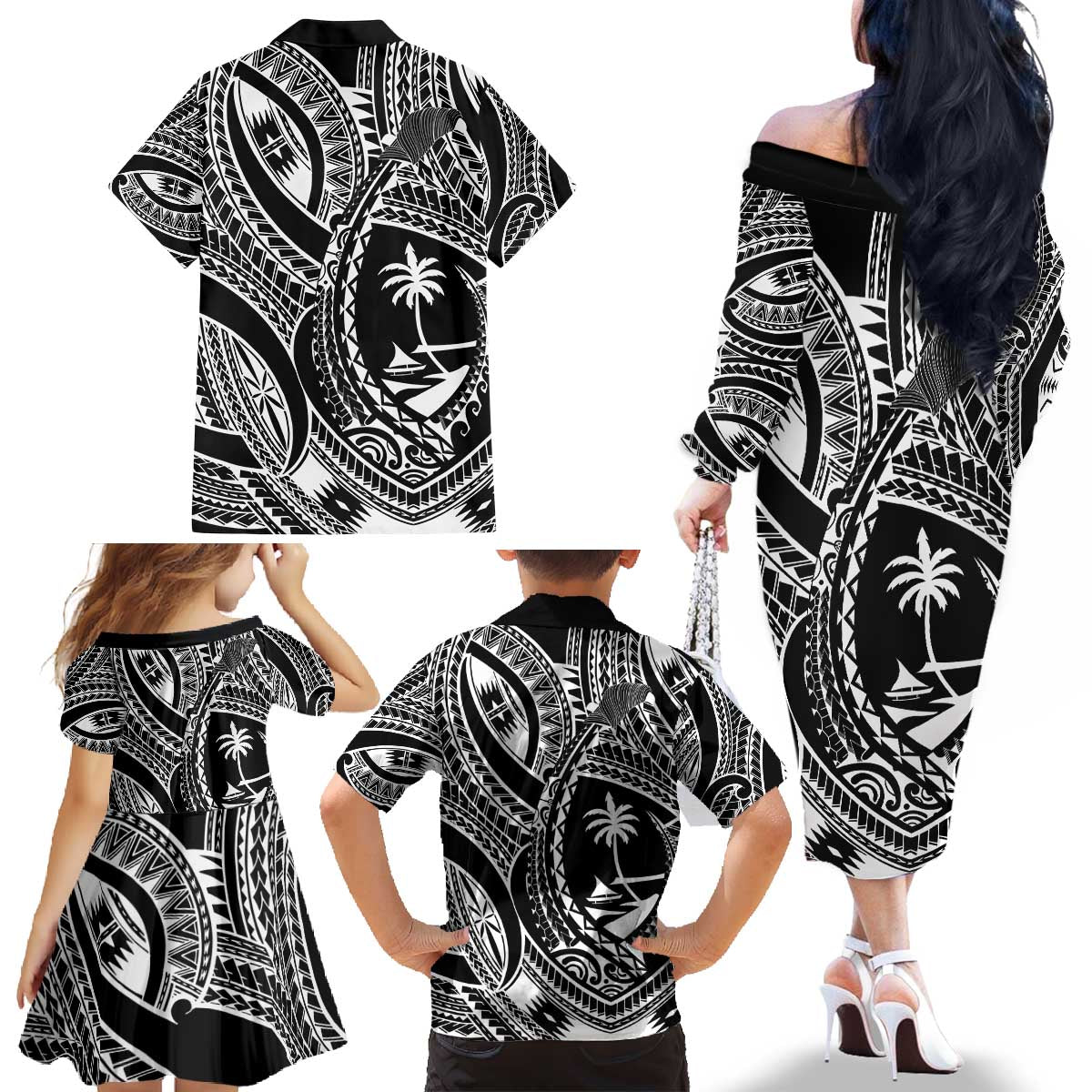 Hafa Adai Guam Inspired Tattoo Family Matching Off The Shoulder Long Sleeve Dress and Hawaiian Shirt LT9 - Polynesian Pride