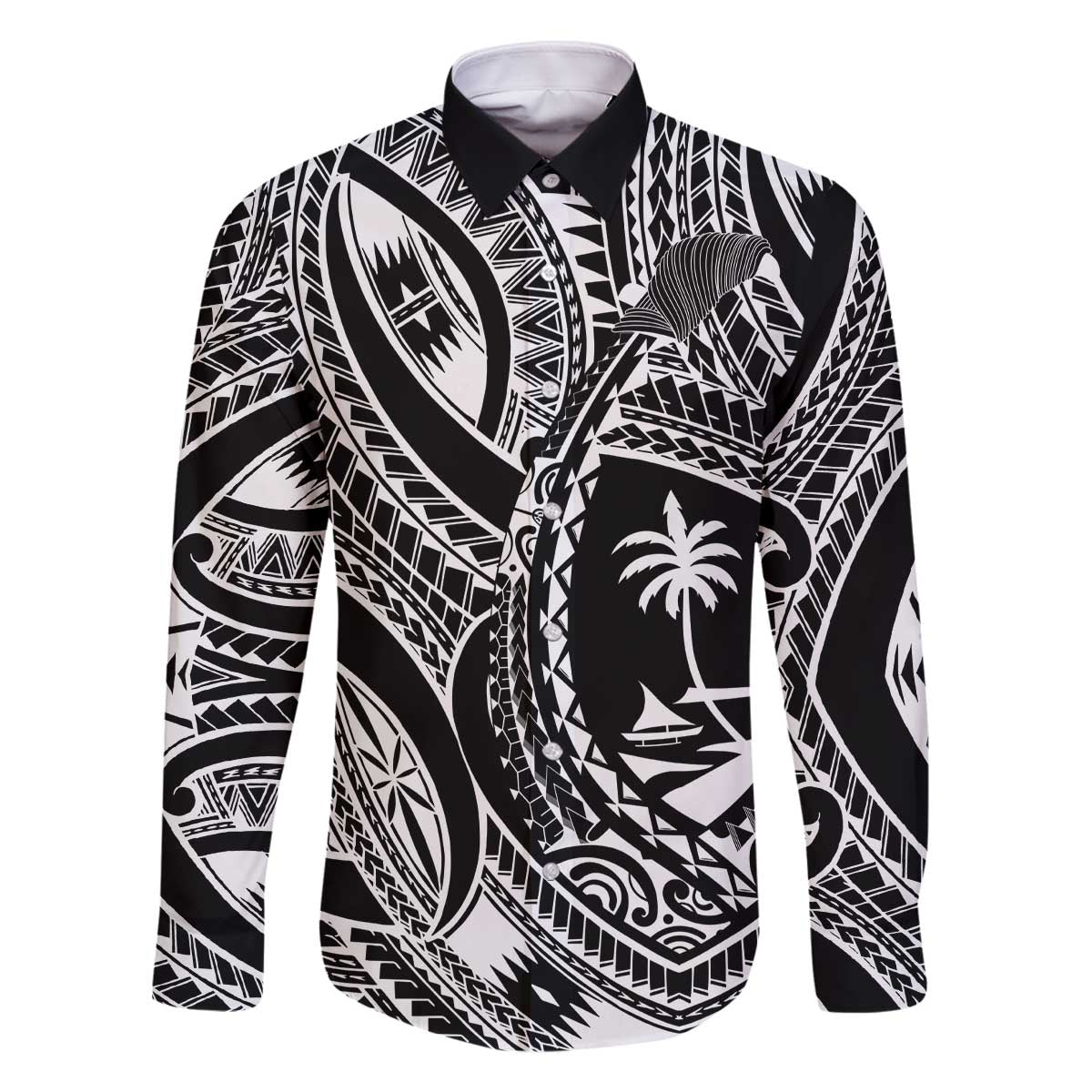 Hafa Adai Guam Inspired Tattoo Family Matching Off The Shoulder Long Sleeve Dress and Hawaiian Shirt LT9 Dad's Shirt - Long Sleeve Black - Polynesian Pride