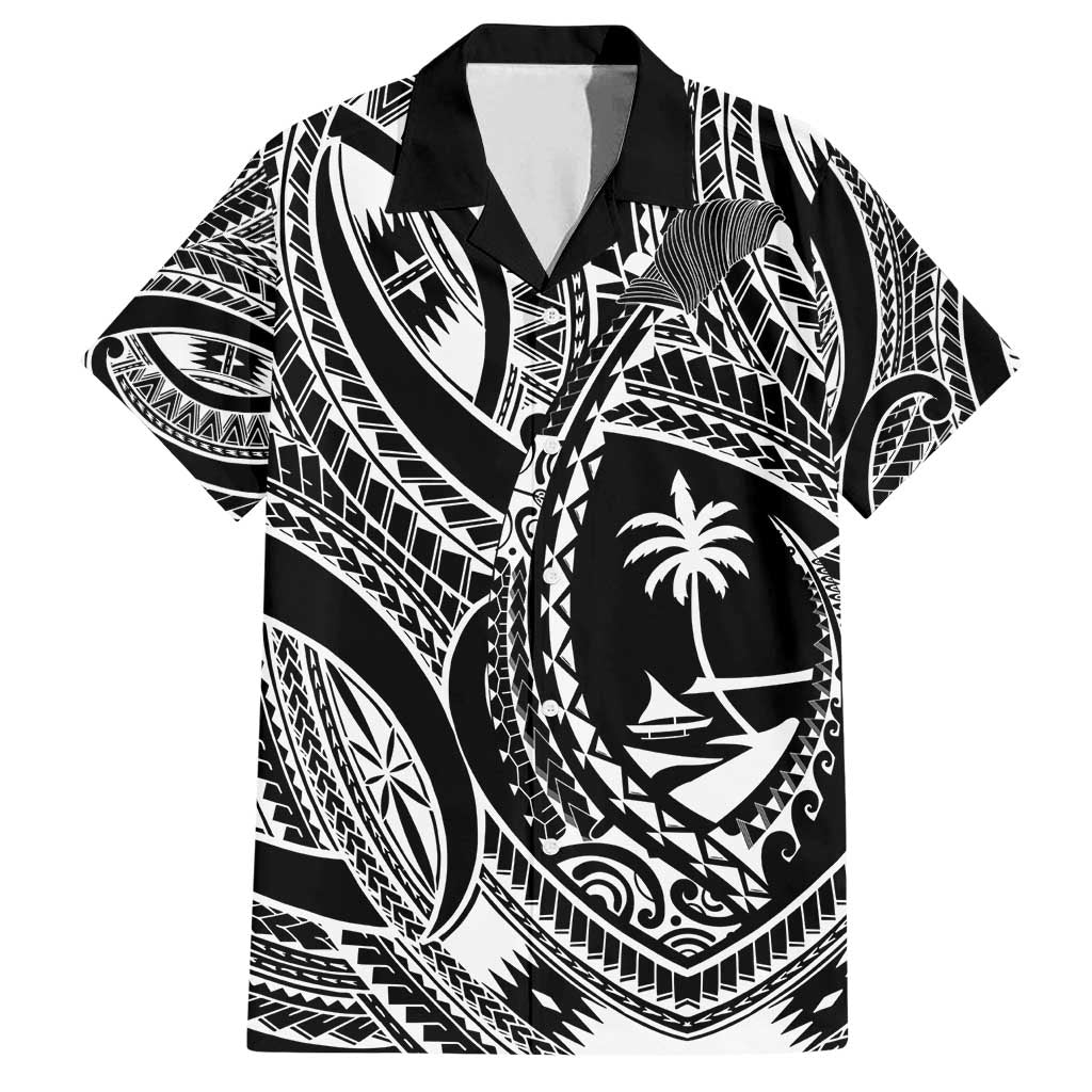 Hafa Adai Guam Inspired Tattoo Family Matching Off Shoulder Maxi Dress and Hawaiian Shirt LT9 Dad's Shirt - Short Sleeve Black - Polynesian Pride