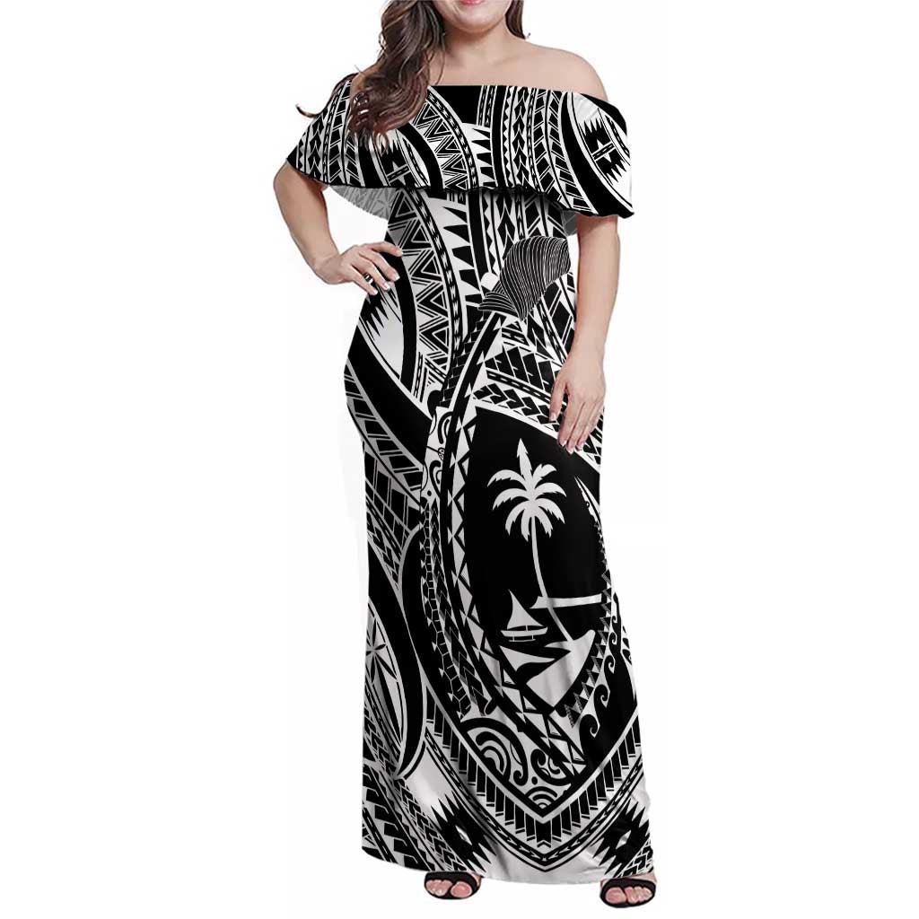 Hafa Adai Guam Inspired Tattoo Family Matching Off Shoulder Maxi Dress and Hawaiian Shirt LT9 Mom's Dress Black - Polynesian Pride