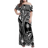Hafa Adai Guam Inspired Tattoo Family Matching Off Shoulder Maxi Dress and Hawaiian Shirt LT9 Mom's Dress Black - Polynesian Pride