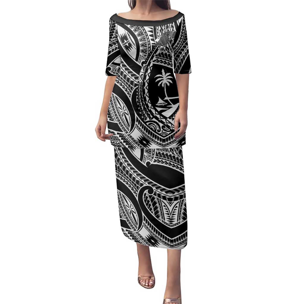 Hafa Adai Guam Inspired Tattoo Family Matching Puletasi and Hawaiian Shirt LT9 Mom's Dress Black - Polynesian Pride