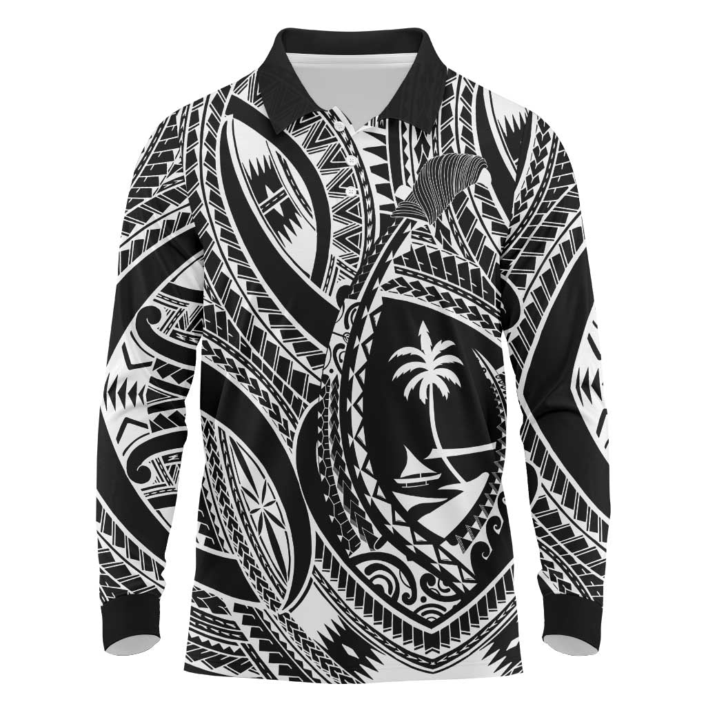 Hafa Adai Guam Inspired Tattoo Long Sleeve Polo Shirt LT9 Black - Polynesian Pride