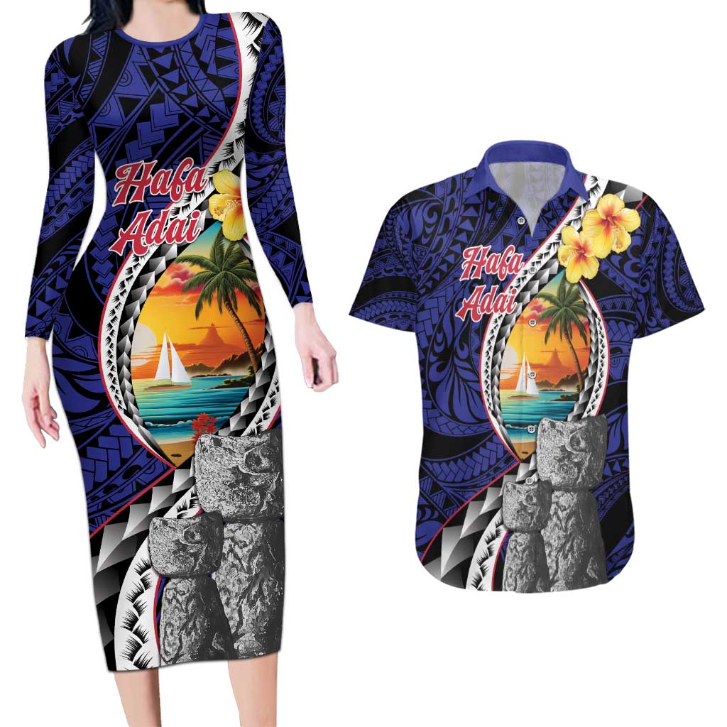 Hafa Adai Guam Seal Latte Stones Artwork Couples Matching Long Sleeve Bodycon Dress and Hawaiian Shirt LT9 Blue - Polynesian Pride