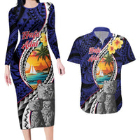 Hafa Adai Guam Seal Latte Stones Artwork Couples Matching Long Sleeve Bodycon Dress and Hawaiian Shirt LT9 Blue - Polynesian Pride
