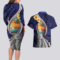 Hafa Adai Guam Seal Latte Stones Artwork Couples Matching Long Sleeve Bodycon Dress and Hawaiian Shirt LT9 - Polynesian Pride