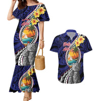Hafa Adai Guam Seal Latte Stones Artwork Couples Matching Mermaid Dress and Hawaiian Shirt LT9 Blue - Polynesian Pride