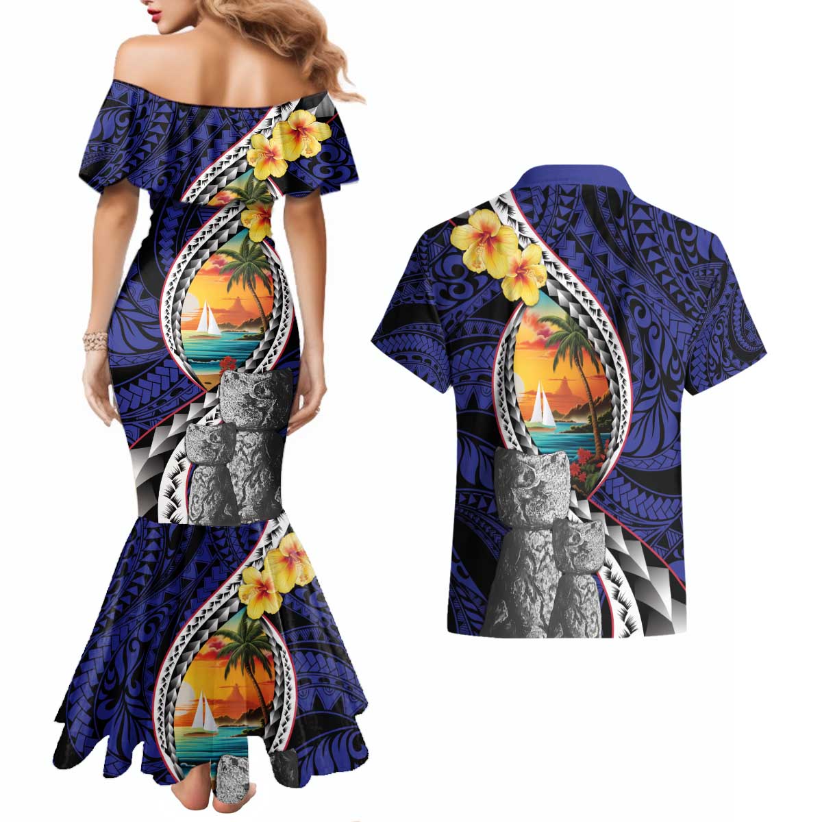 Hafa Adai Guam Seal Latte Stones Artwork Couples Matching Mermaid Dress and Hawaiian Shirt LT9 - Polynesian Pride