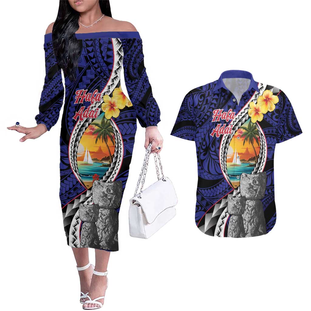 Hafa Adai Guam Seal Latte Stones Artwork Couples Matching Off The Shoulder Long Sleeve Dress and Hawaiian Shirt LT9 Blue - Polynesian Pride