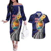 Hafa Adai Guam Seal Latte Stones Artwork Couples Matching Off The Shoulder Long Sleeve Dress and Hawaiian Shirt LT9 Blue - Polynesian Pride