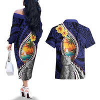 Hafa Adai Guam Seal Latte Stones Artwork Couples Matching Off The Shoulder Long Sleeve Dress and Hawaiian Shirt LT9 - Polynesian Pride