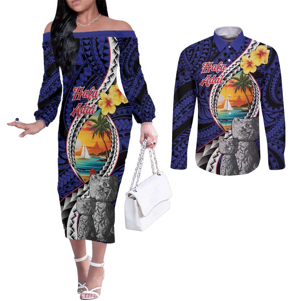 Hafa Adai Guam Seal Latte Stones Artwork Couples Matching Off The Shoulder Long Sleeve Dress and Long Sleeve Button Shirt LT9 Blue - Polynesian Pride