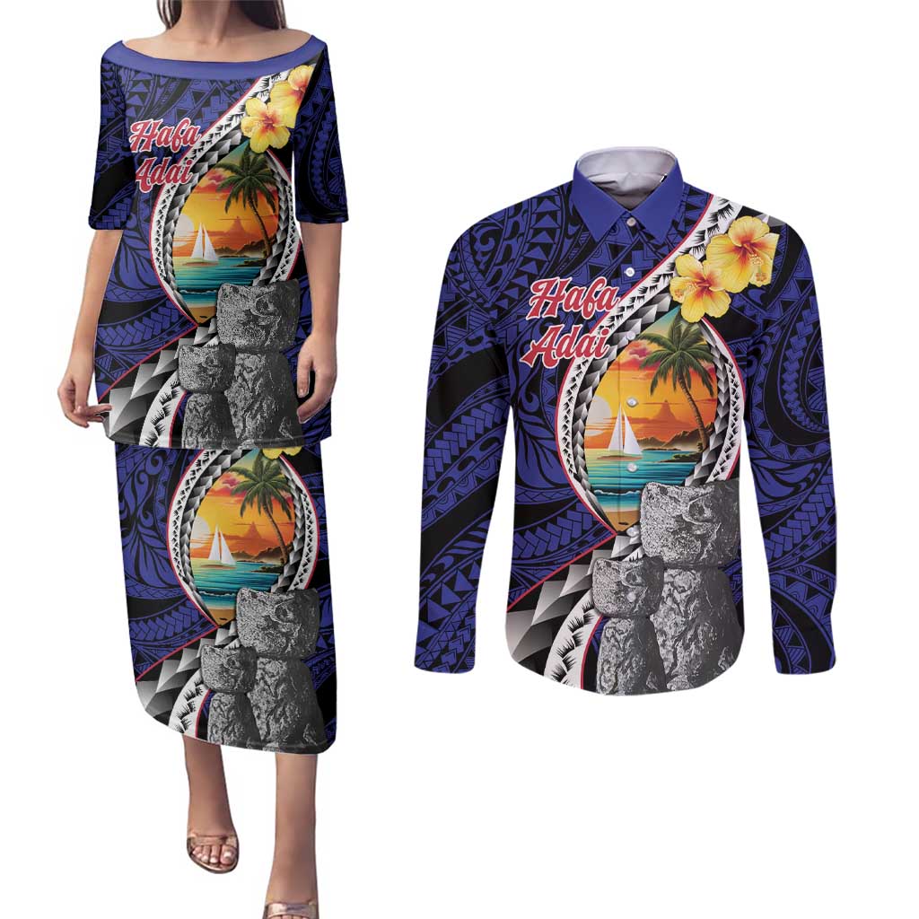 Hafa Adai Guam Seal Latte Stones Artwork Couples Matching Puletasi and Long Sleeve Button Shirt