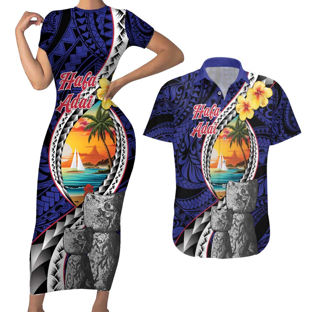 Hafa Adai Guam Seal Latte Stones Artwork Couples Matching Short Sleeve Bodycon Dress and Hawaiian Shirt LT9 Blue - Polynesian Pride