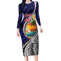 Hafa Adai Guam Seal Latte Stones Artwork Family Matching Long Sleeve Bodycon Dress and Hawaiian Shirt LT9 Mom's Dress Blue - Polynesian Pride
