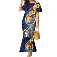 Hafa Adai Guam Seal Latte Stones Artwork Family Matching Mermaid Dress and Hawaiian Shirt LT9 Mom's Dress Blue - Polynesian Pride