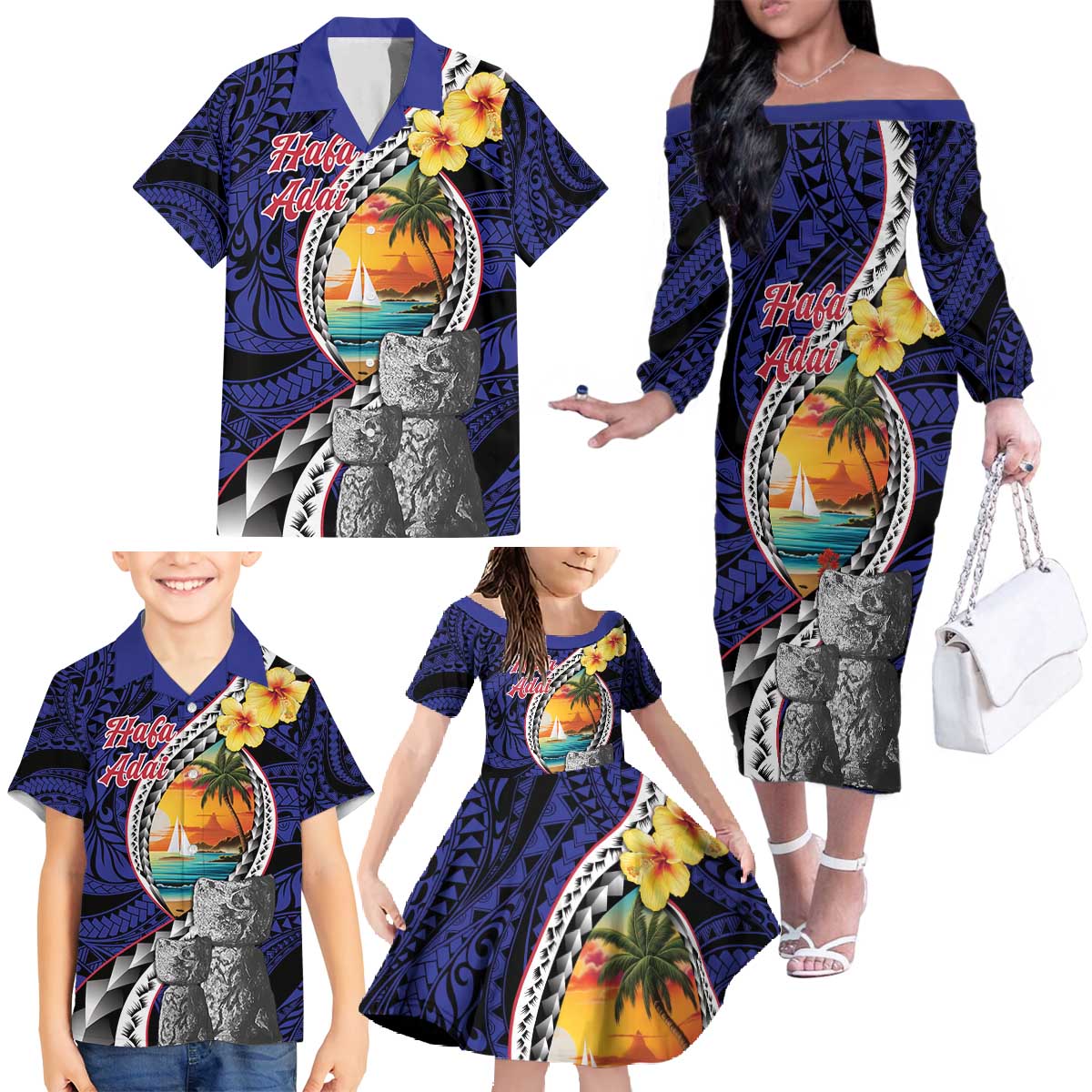 Hafa Adai Guam Seal Latte Stones Artwork Family Matching Off The Shoulder Long Sleeve Dress and Hawaiian Shirt LT9 - Polynesian Pride